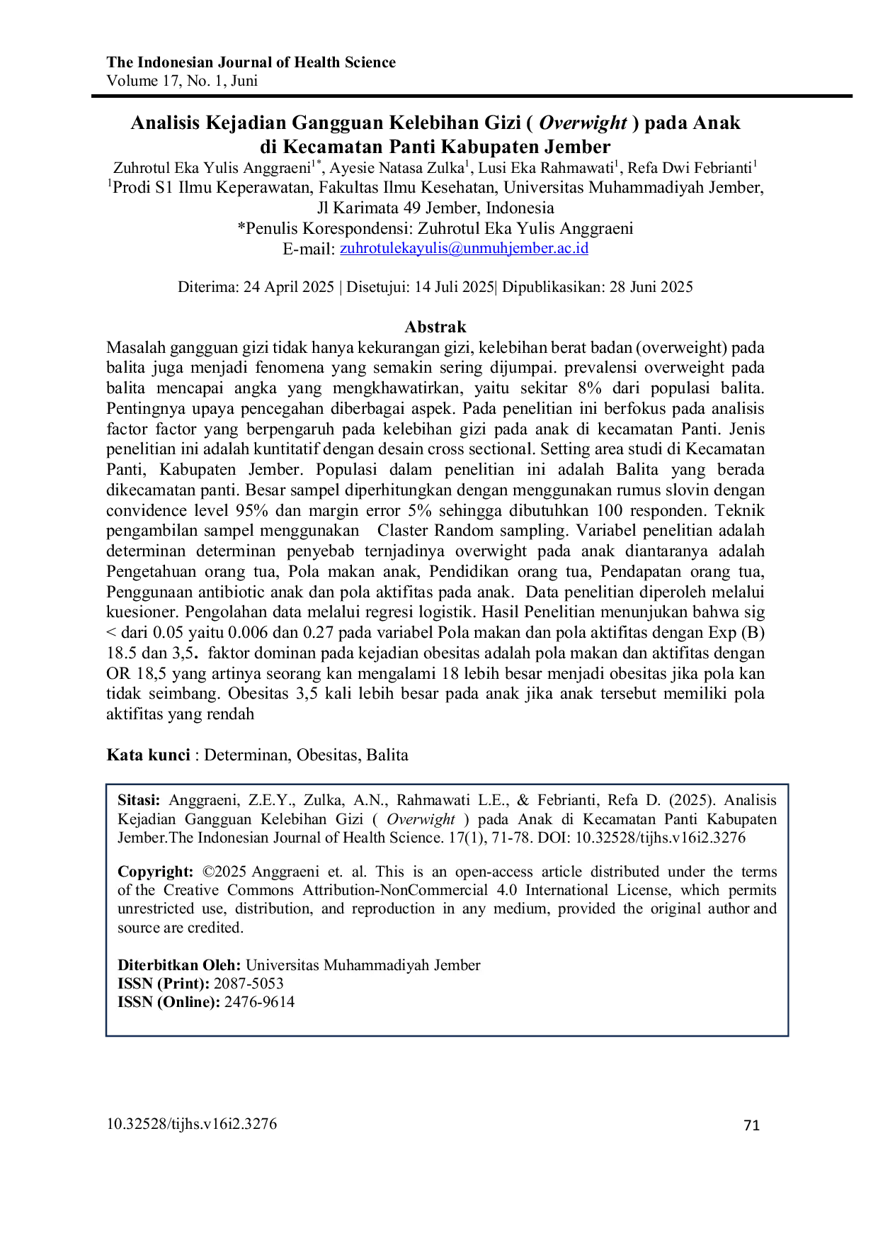 JURIS Analisis Kejadian Gangguan Kelebihan Gizi Overwight pada Anak di Kecamatan Panti Kabupaten Jember