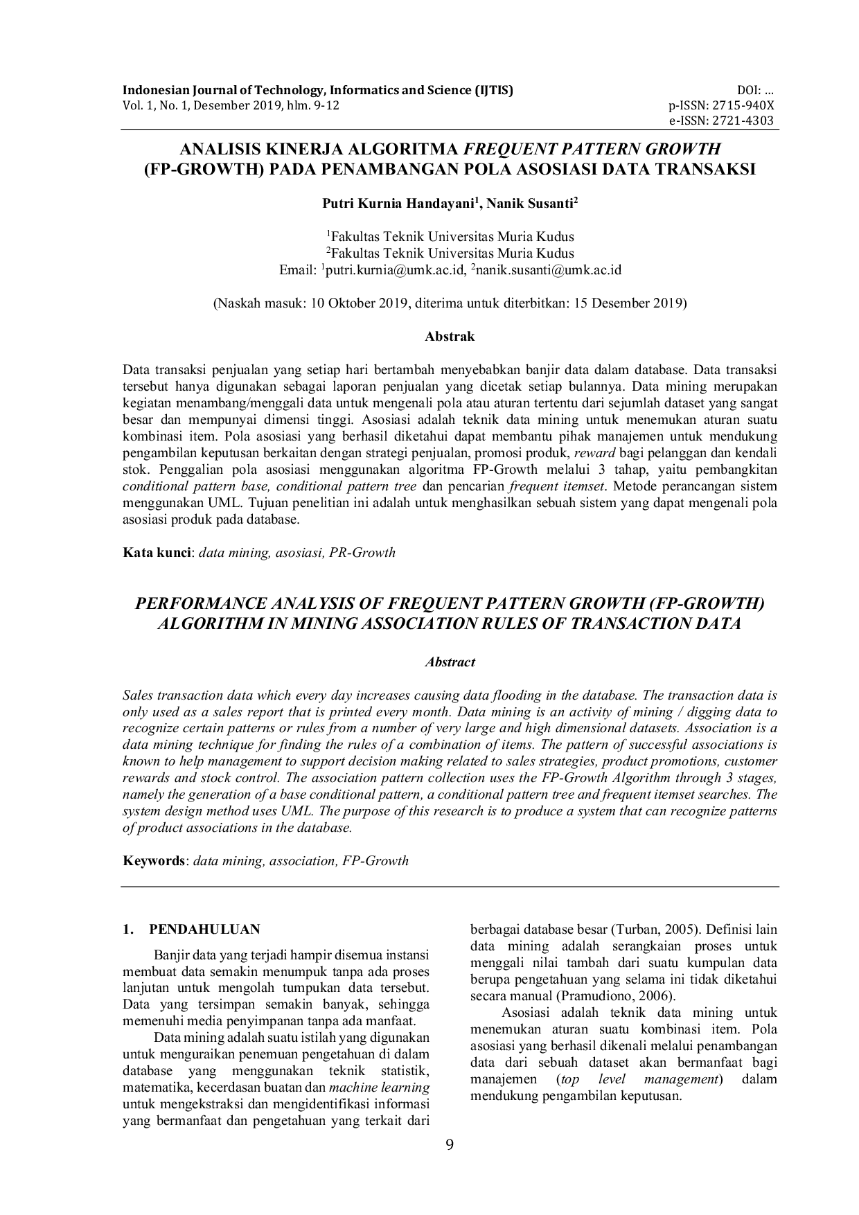 JURIS Analisis Kinerja Algoritma Frequent Pattern Growth FP Growth Pada Penambangan Pola Asosiasi Data Transaksi