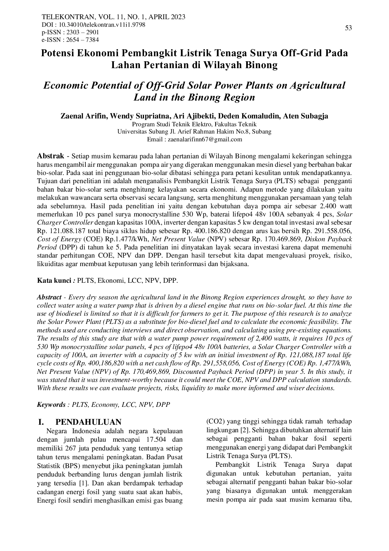 JURIS Analisis Ekonomi Pada Perencanaan PLTS untuk Lahan Pertanian di Wilayah Binong