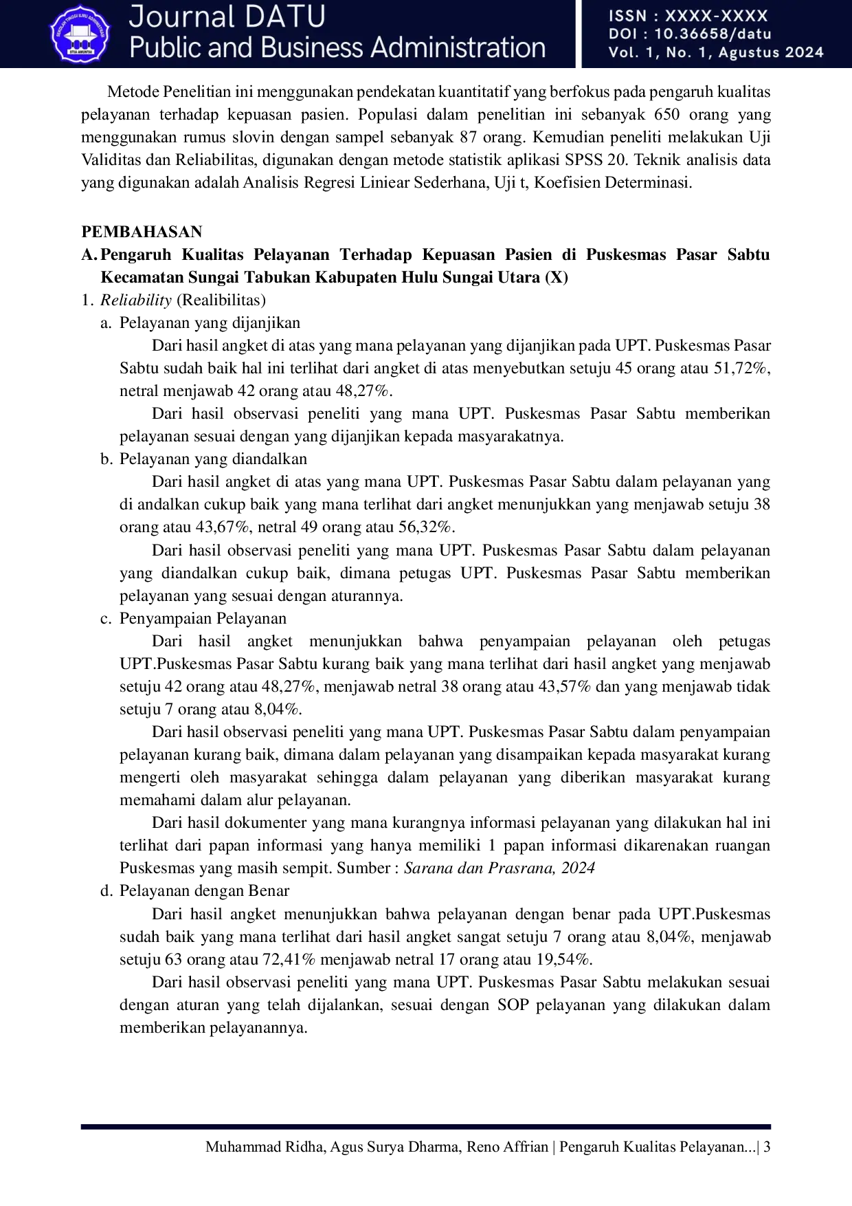 JURIS Pengaruh Kualitas Pelayanan Terhadap Kepuasan Pasien Di UPT Puskesmas Pasar Sabtu Kecamatan Sungai Tabukan Kabupaten Hulu Sungai Utara