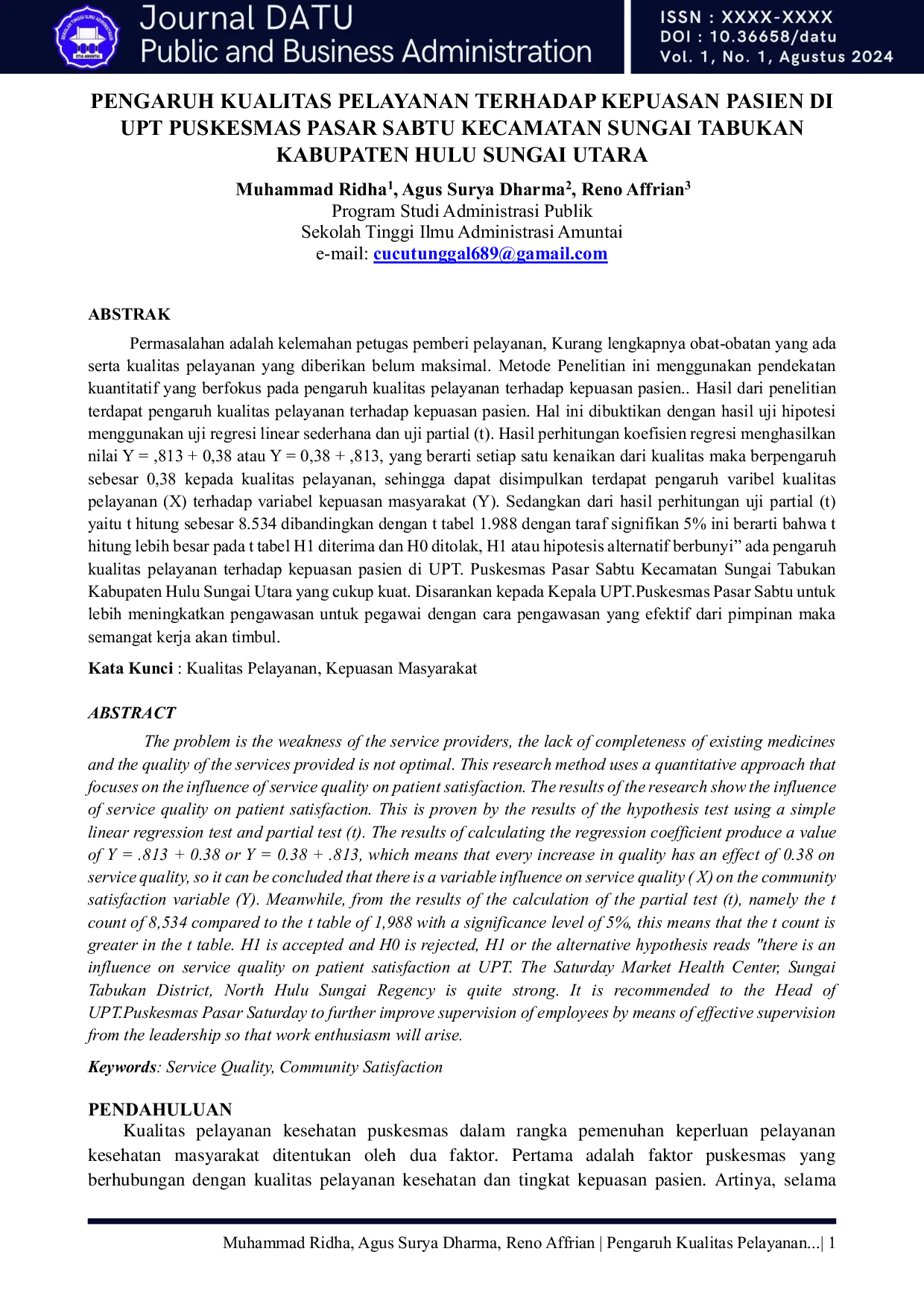 JURIS Pengaruh Kualitas Pelayanan Terhadap Kepuasan Pasien Di UPT Puskesmas Pasar Sabtu Kecamatan Sungai Tabukan Kabupaten Hulu Sungai Utara