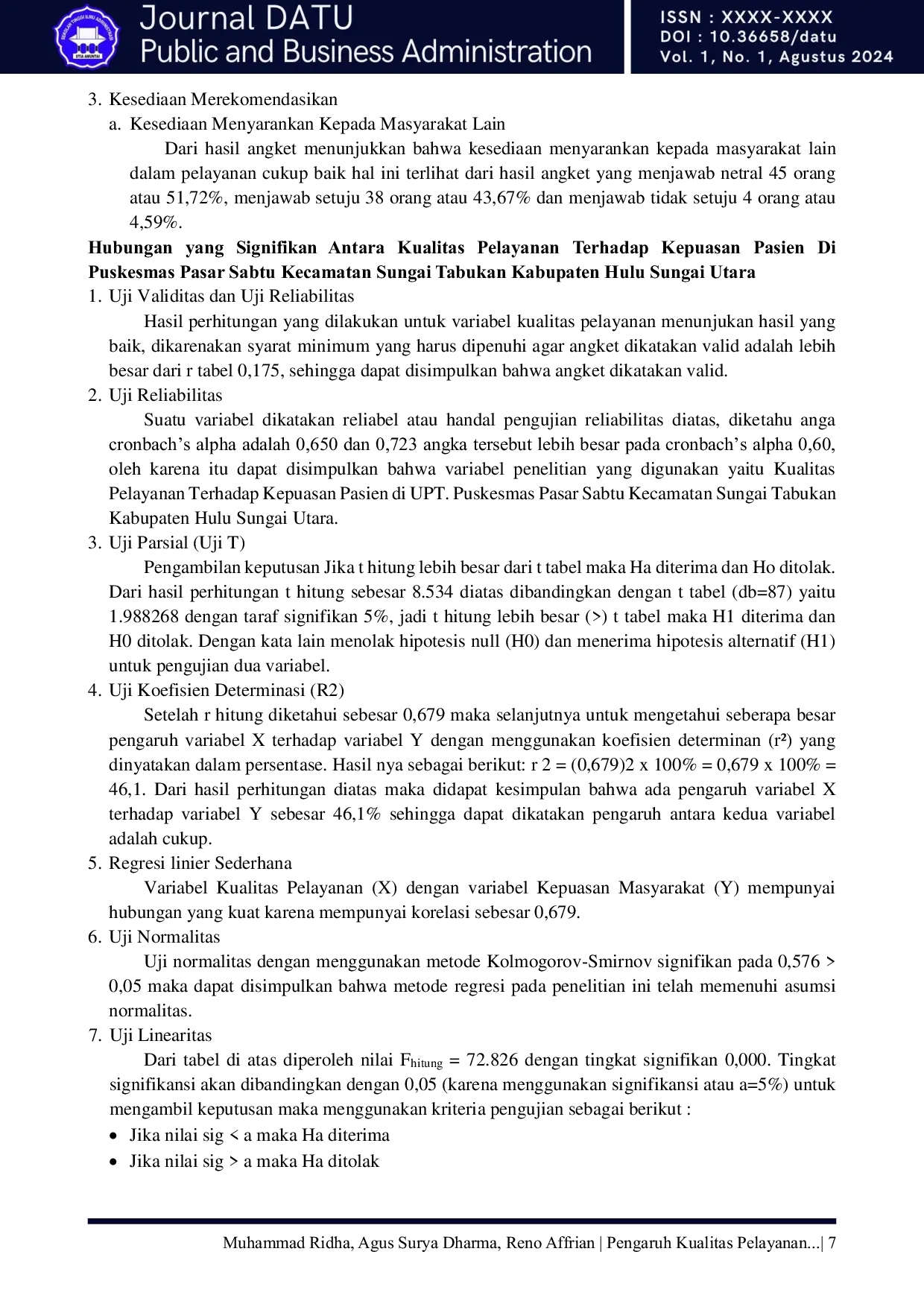 JURIS Pengaruh Kualitas Pelayanan Terhadap Kepuasan Pasien Di UPT Puskesmas Pasar Sabtu Kecamatan Sungai Tabukan Kabupaten Hulu Sungai Utara