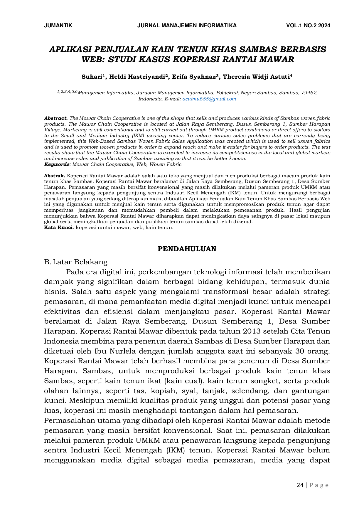 JURIS Aplikasi Penjualan Kain Tenun Khas Sambas Berbasis Web Studi Kasus Koperasi Rantai Mawar