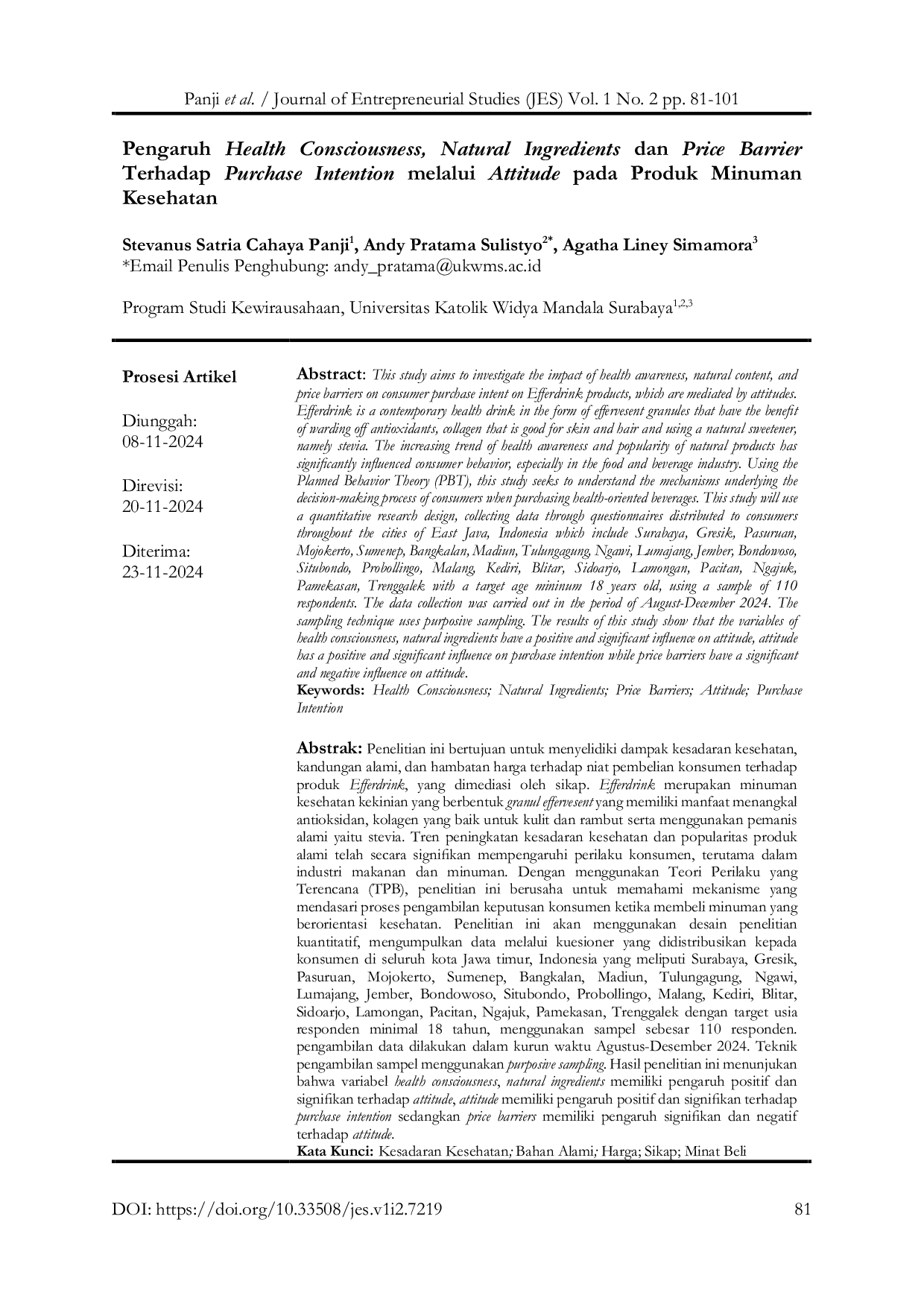 JURIS Pengaruh Health Consciousness Natural Ingredients dan Price Barrier terhadap Purchase Intention melalui Attitude pada Produk Minuman Kesehatan
