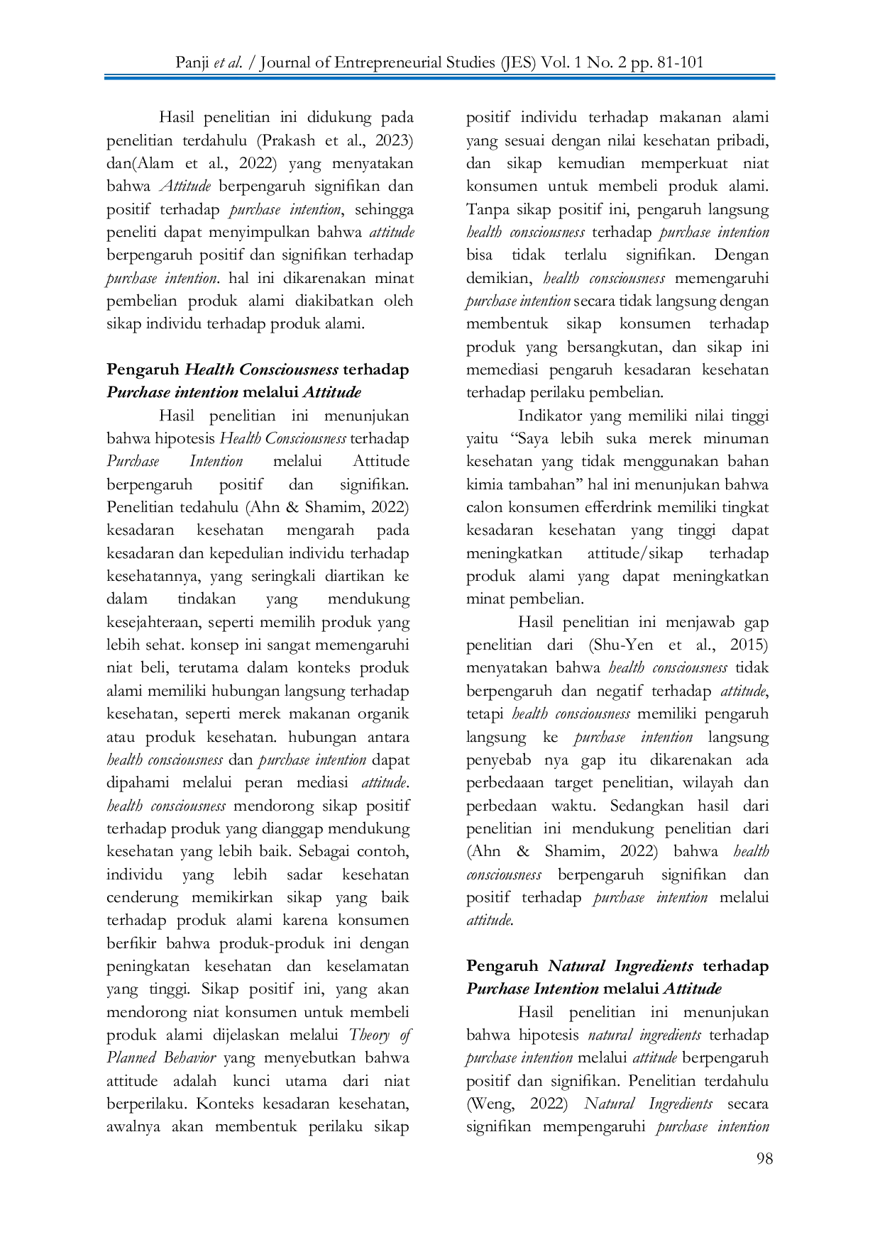 JURIS Pengaruh Health Consciousness Natural Ingredients dan Price Barrier terhadap Purchase Intention melalui Attitude pada Produk Minuman Kesehatan