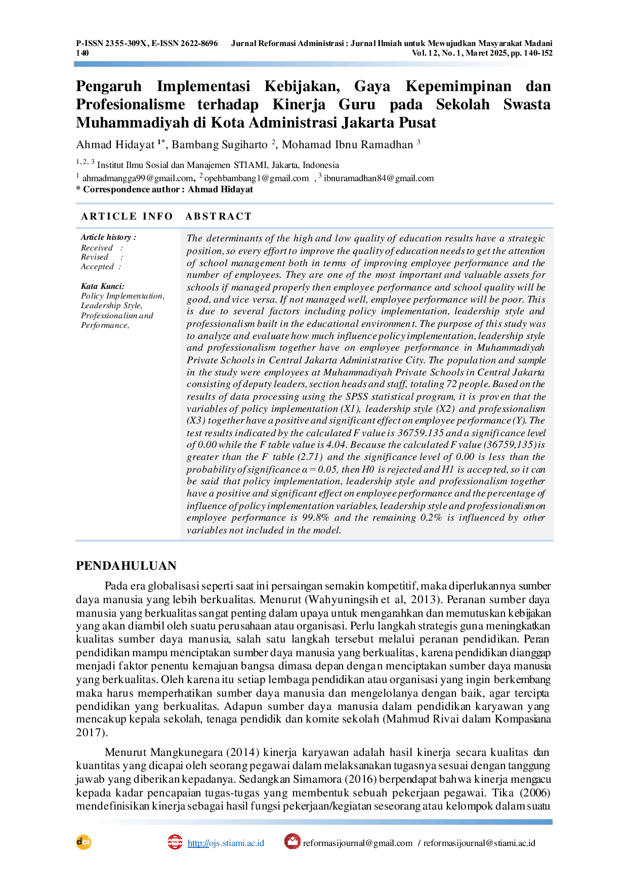 JURIS Pengaruh Implementasi Kebijakan Gaya Kepemimpinan dan Profesionalisme terhadap Kinerja Guru pada Sekolah Swasta Muhammadiyah di Kota Administrasi Jakarta Pusat