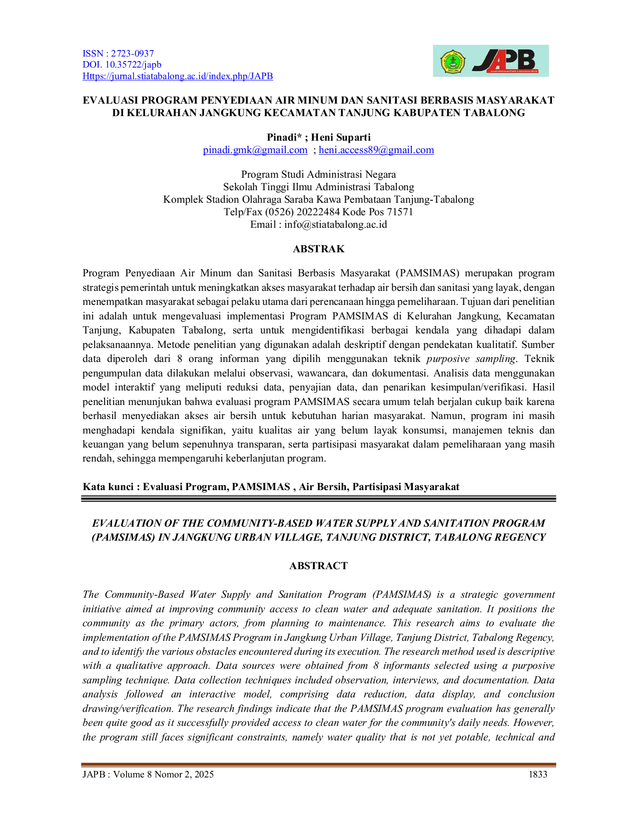 JURIS Evaluasi Program Penyediaan Air Minum Dan Sanitasi Berbasis Masyarakat Di Kelurahan Jangkung Kecamatan Tanjung Kabupaten Tabalong