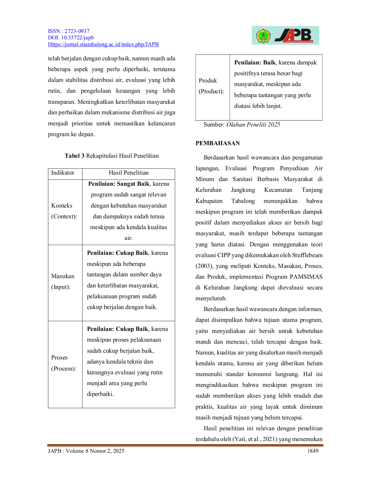 JURIS Evaluasi Program Penyediaan Air Minum Dan Sanitasi Berbasis Masyarakat Di Kelurahan Jangkung Kecamatan Tanjung Kabupaten Tabalong