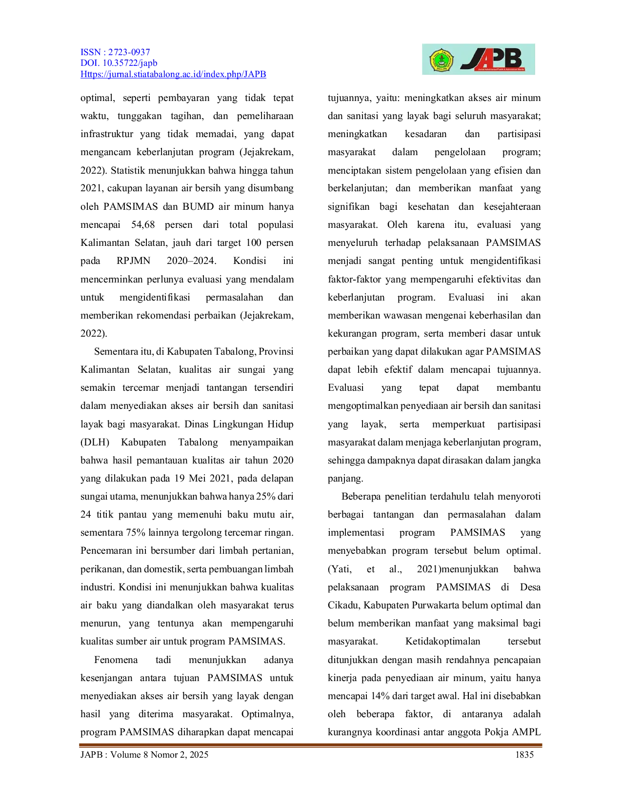 JURIS Evaluasi Program Penyediaan Air Minum Dan Sanitasi Berbasis Masyarakat Di Kelurahan Jangkung Kecamatan Tanjung Kabupaten Tabalong