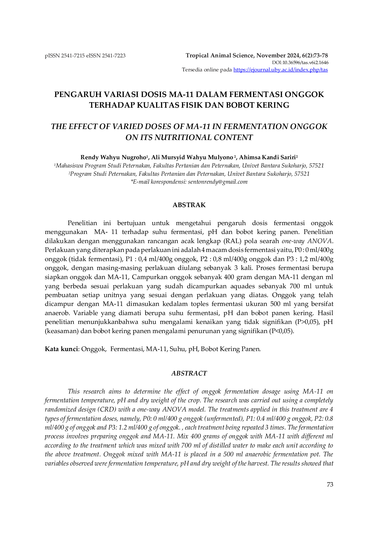JURIS Pengaruh Variasi Dosis Ma 11 Dalam Fermentasi Onggok Terhadap Kualitas Fisik Dan Bobot Kering