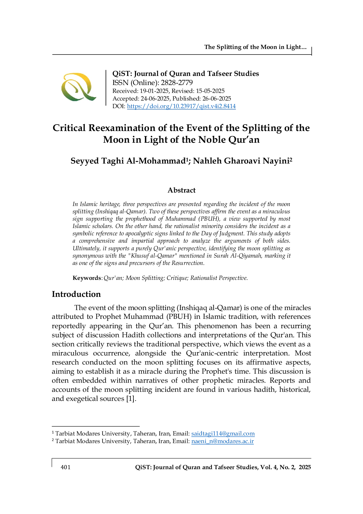 JURIS Critical Reexamination of the Event of the Splitting of the Moon in Light of the Noble Qur an