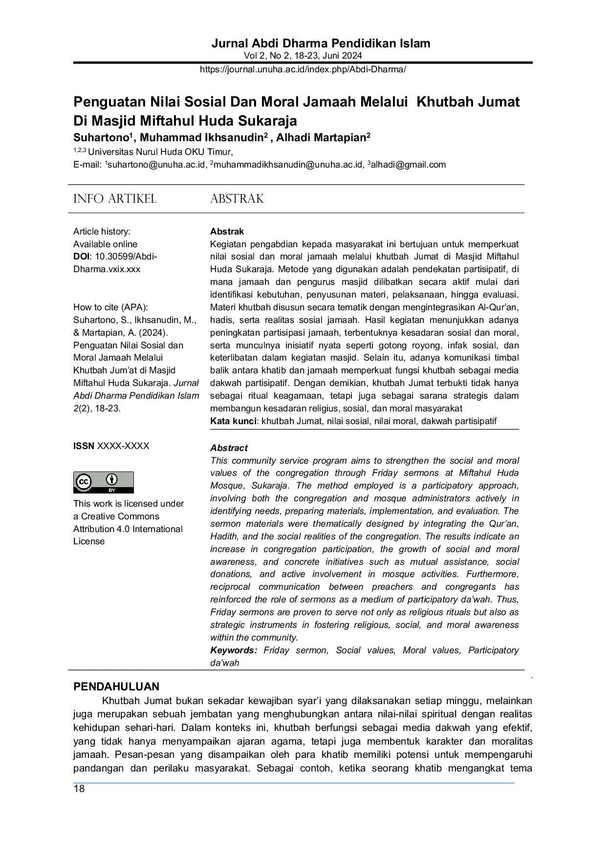 JURIS Strengthening the Social and Moral Values of Congregants Through Friday Sermons at Miftahul Huda Mosque Sukaraja