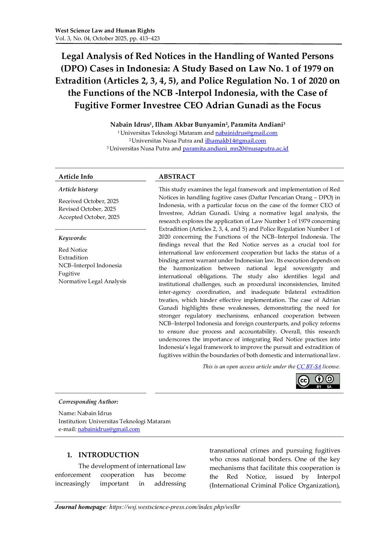 JURIS Legal Analysis of Red Notices in the Handling of Wanted Persons DPO Cases in Indonesia A Study Based on Law No 1 of 1979 on Extradition Articles 2 3 4 5 and Police Regulation No 1 of 2020 o