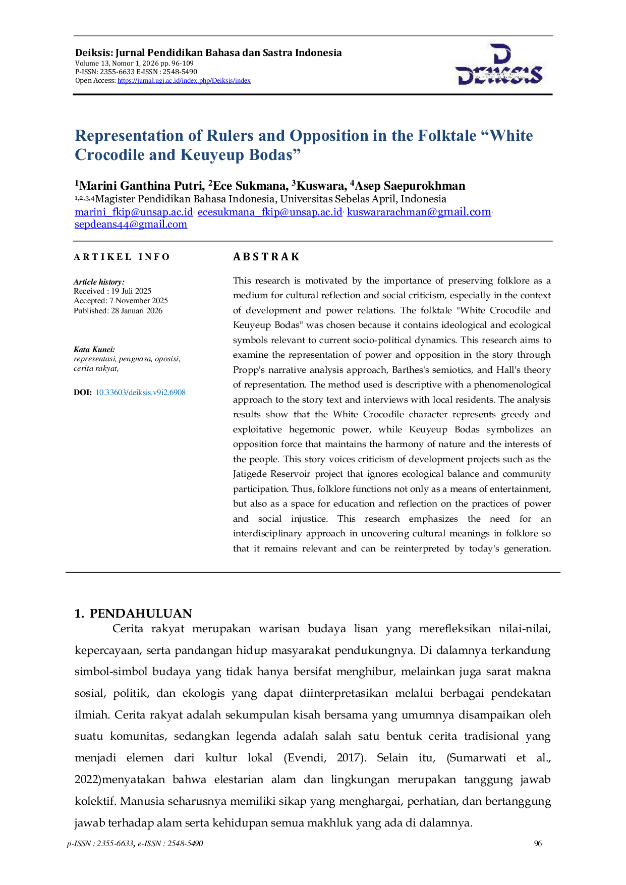 JURIS Representasi Penguasa dan Oposisi dalam Cerita Rakyat Buaya Putih dan Keuyeup Bodas Representations of Authority and Opposition in the Folktale Buaya Putih and Keuyeup Bodas