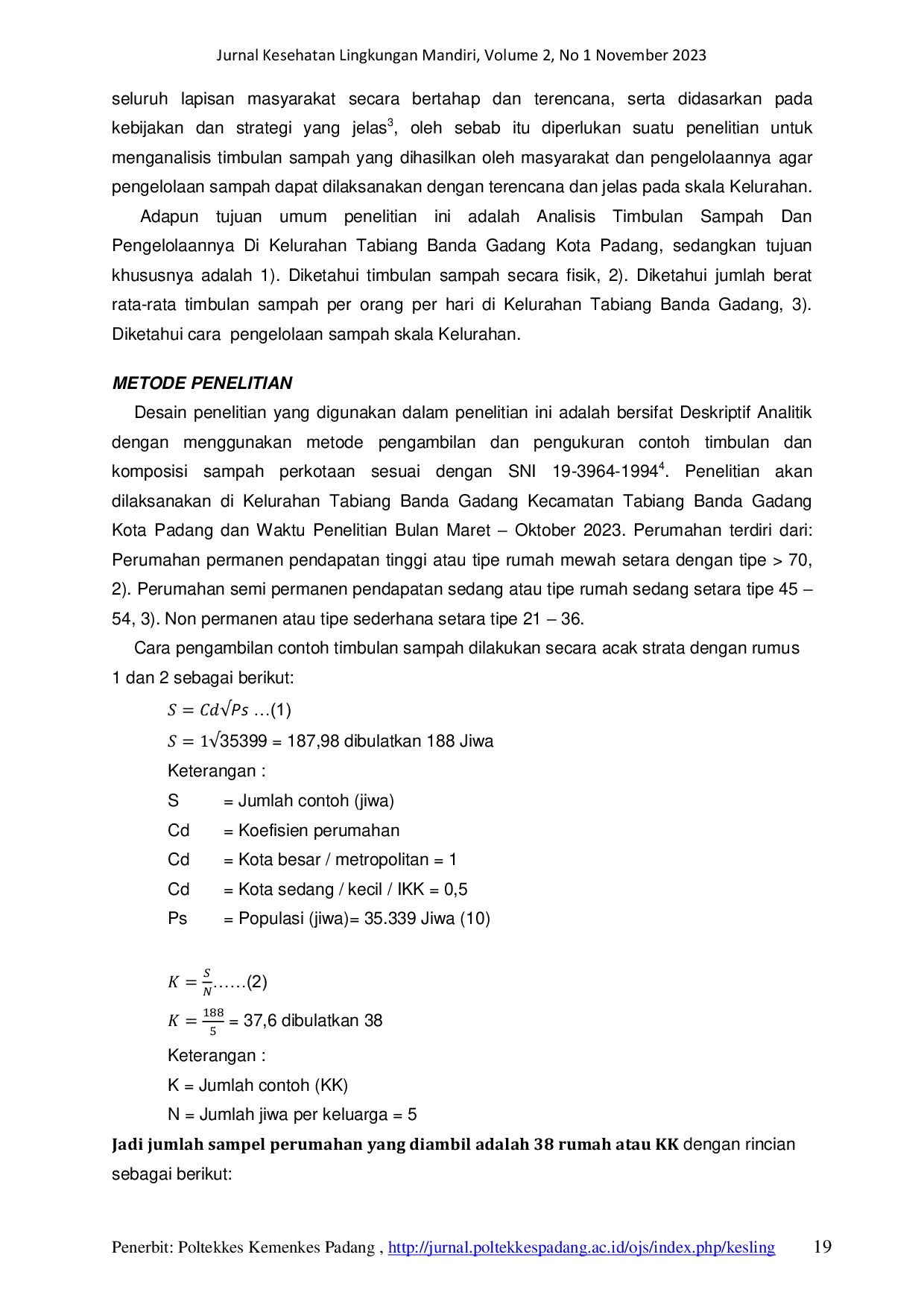 JURIS Analisis Timbulan Sampah dan Pengelolaannya di Kelurahan Tabing Banda Gadang Kota Padang