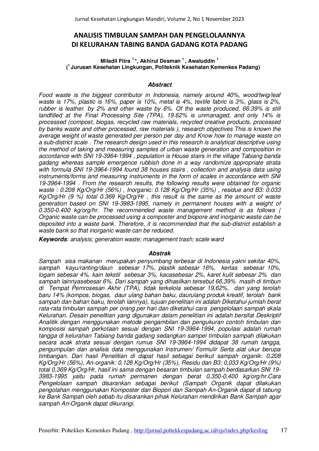 JURIS Analisis Timbulan Sampah dan Pengelolaannya di Kelurahan Tabing Banda Gadang Kota Padang