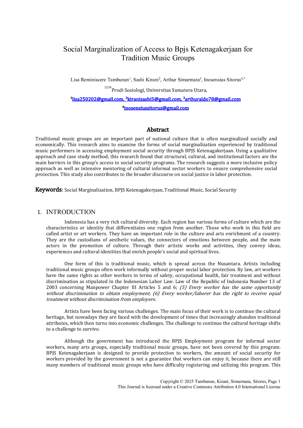 JURIS Social Marginalization of Access to BPJS Ketenagakerjaan for Tradition Music Groups