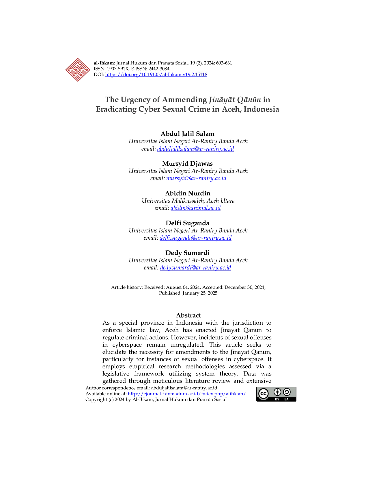 JURIS The Urgency of Ammending JinAyAt QAnn in Eradicating Cyber Sexual Crime in Aceh Indonesia