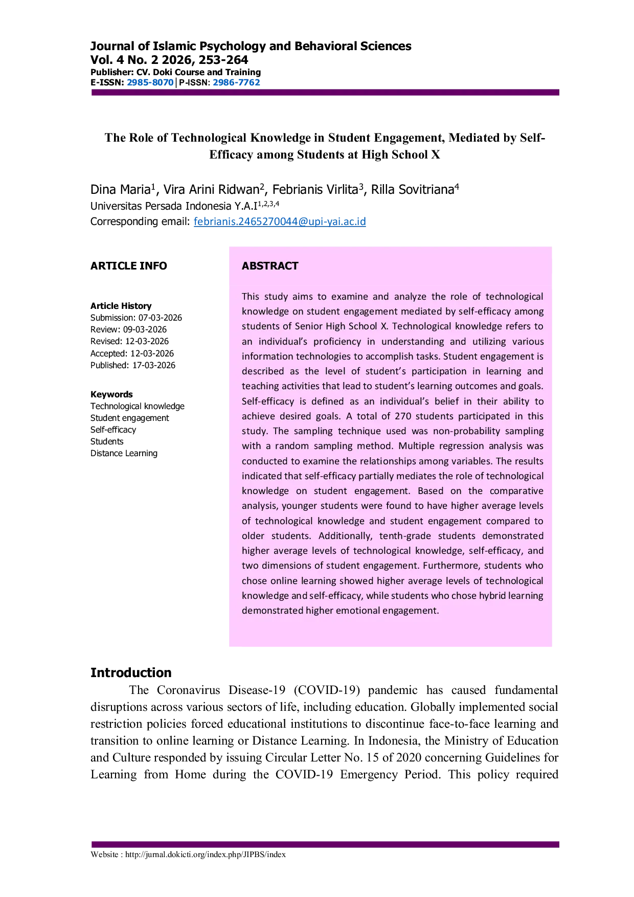 JURIS The Role of Technological Knowledge in Student Engagement Mediated by Self Efficacy among Students at High School X