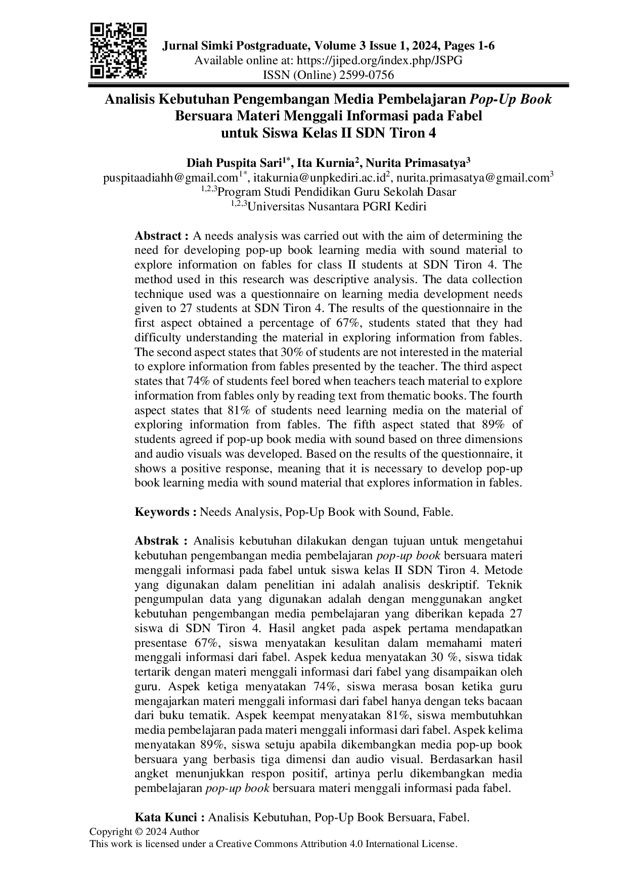 JURIS Analisis Kebutuhan Pengembangan Media Pembelajaran Pop Up Book Bersuara Materi Menggali Informasi pada Fabel untuk Siswa Kelas II SDN Tiron 4