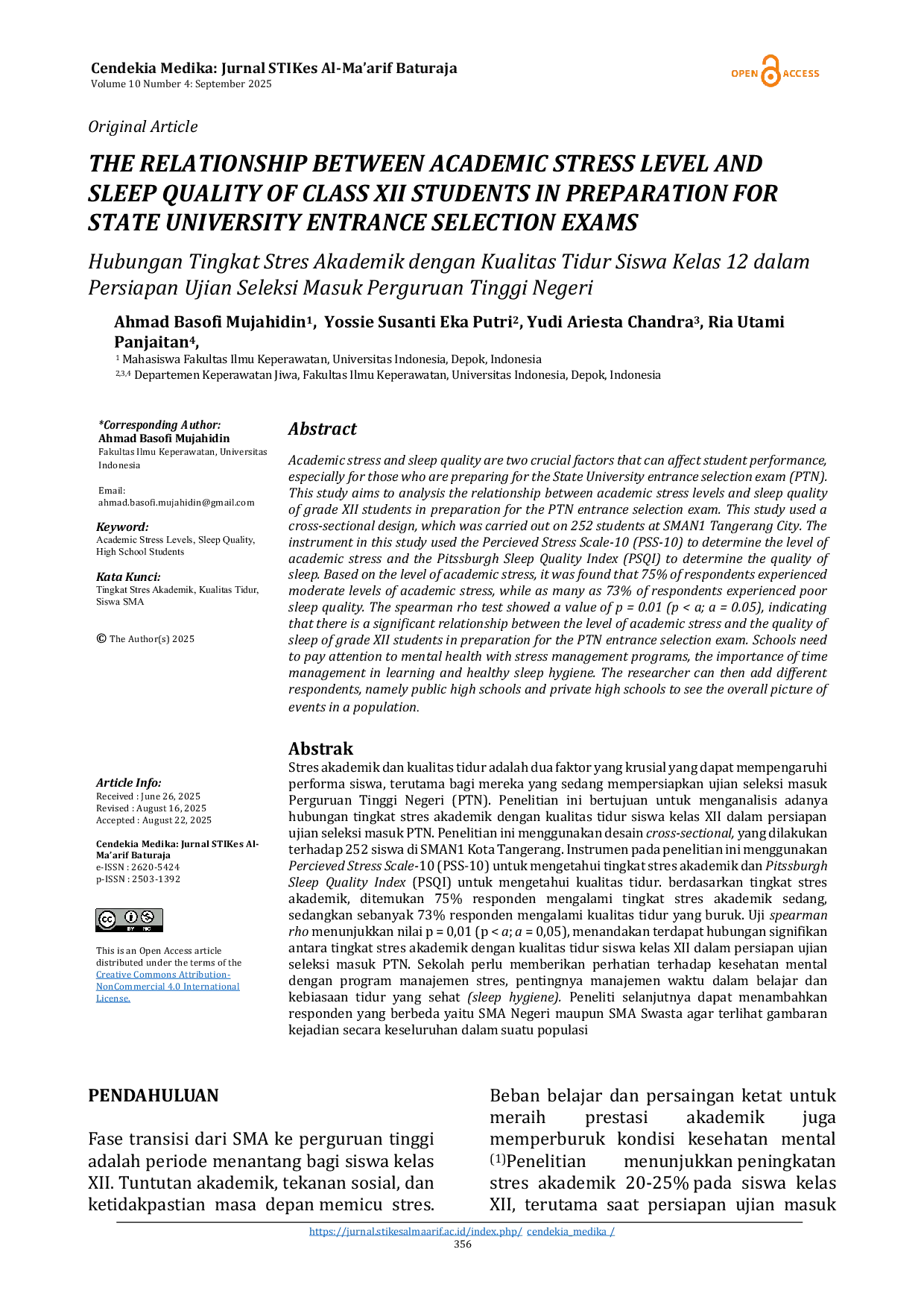 JURIS The Relationship Between Academic Stress Level and Sleep Quality of Class XII Students in Preparation for State University Entrance Selection Exams