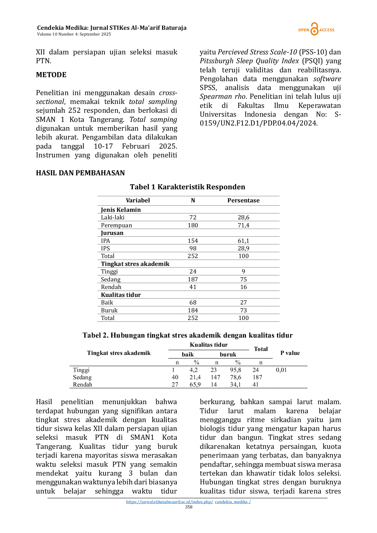 JURIS The Relationship Between Academic Stress Level and Sleep Quality of Class XII Students in Preparation for State University Entrance Selection Exams