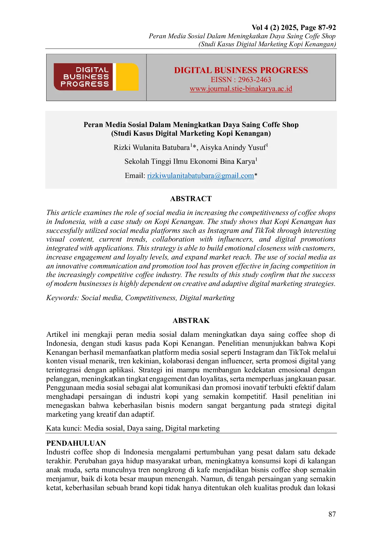 JURIS Peran Media Sosial Dalam Meningkatkan Daya Saing Coffe Shop Studi Kasus Digital Marketing Kopi Kenangan