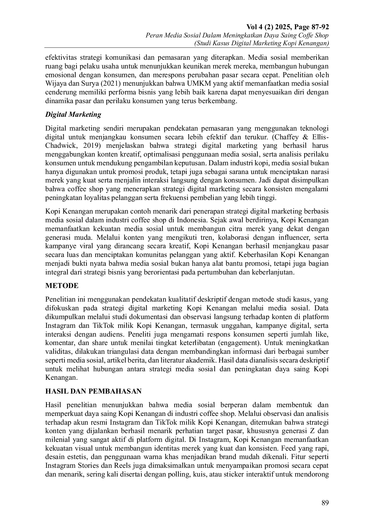 JURIS Peran Media Sosial Dalam Meningkatkan Daya Saing Coffe Shop Studi Kasus Digital Marketing Kopi Kenangan