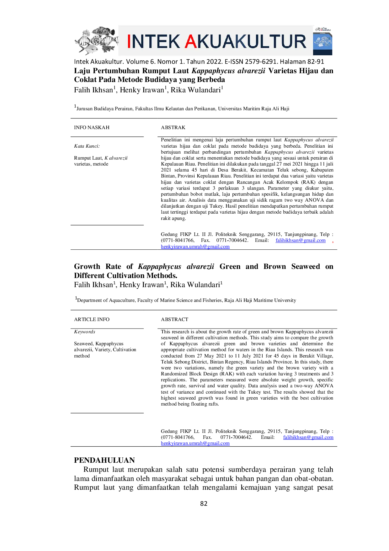 JURIS Laju Pertumbuhan Rumput Laut Kappaphycus alvarezii Varietas Hijau dan Coklat pada Metode Budidaya yang Berbeda