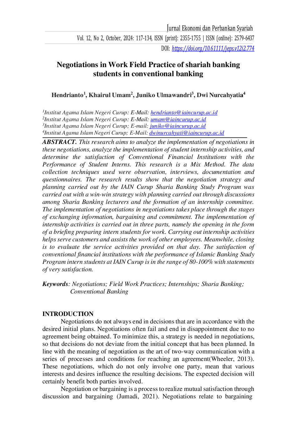 JURIS Negotiations at Work Field Practice of Shariah Banking Students in Conventional Banking