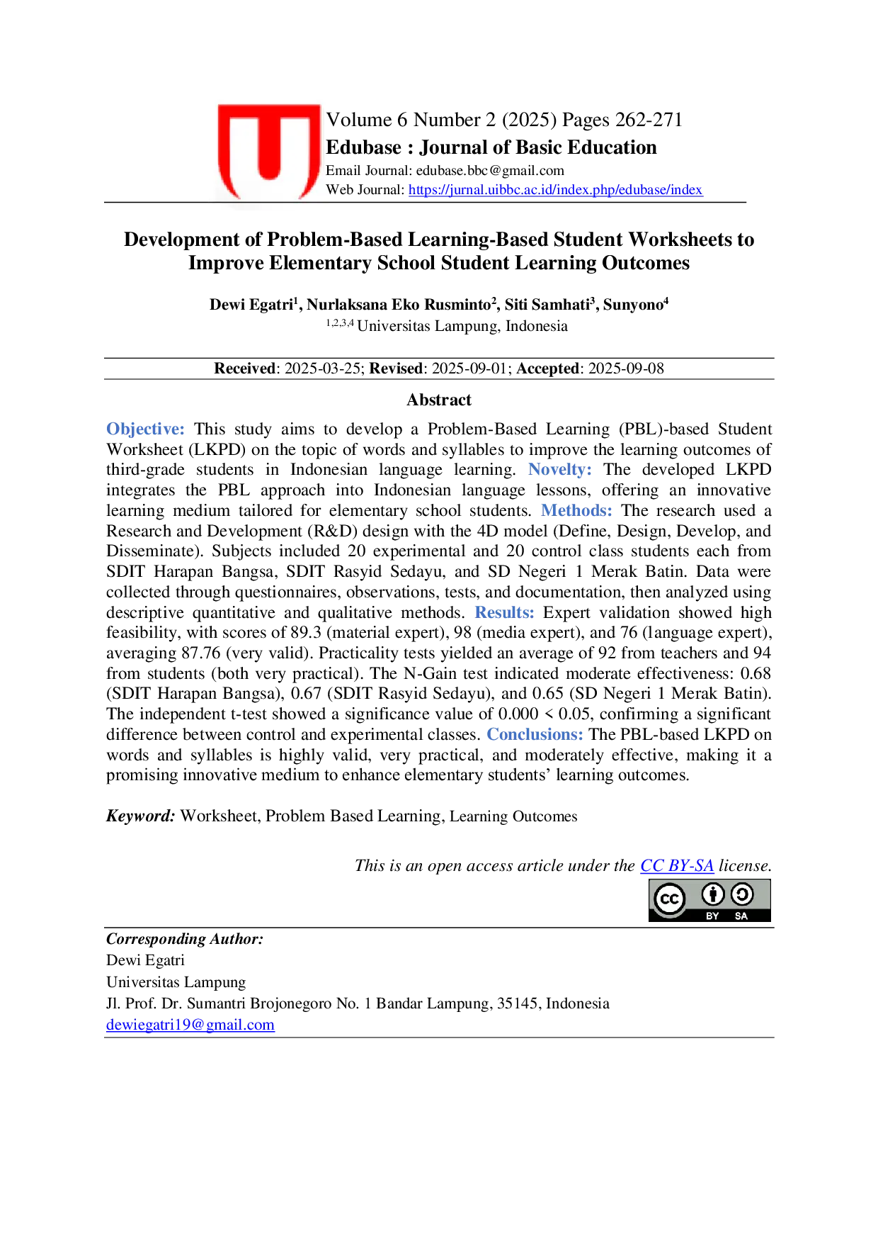 JURIS Development of Problem Based Learning Based Student Worksheets to Improve Elementary School Student Learning Outcomes