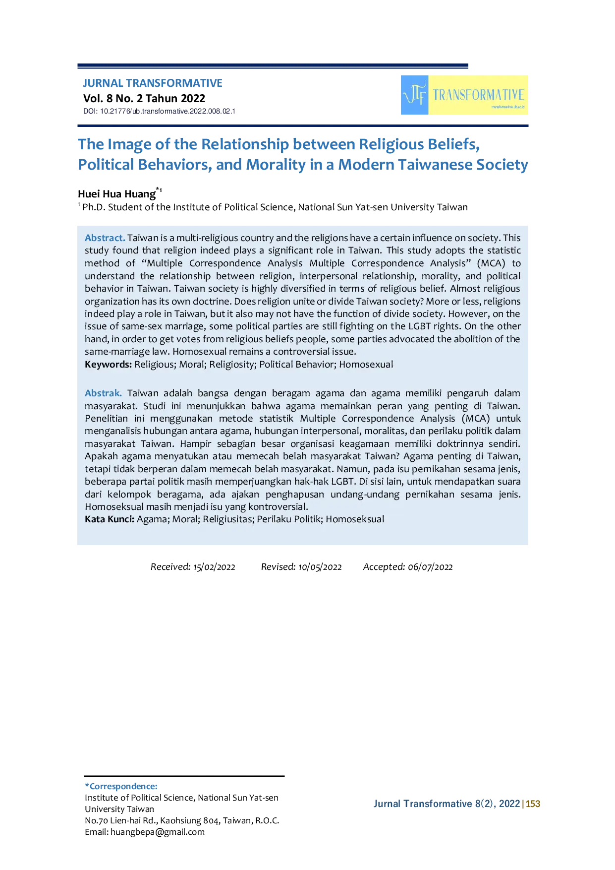 JURIS The Image of the Relationship between Religious Beliefs Political Behaviors and Morality in a Modern Taiwanese Society
