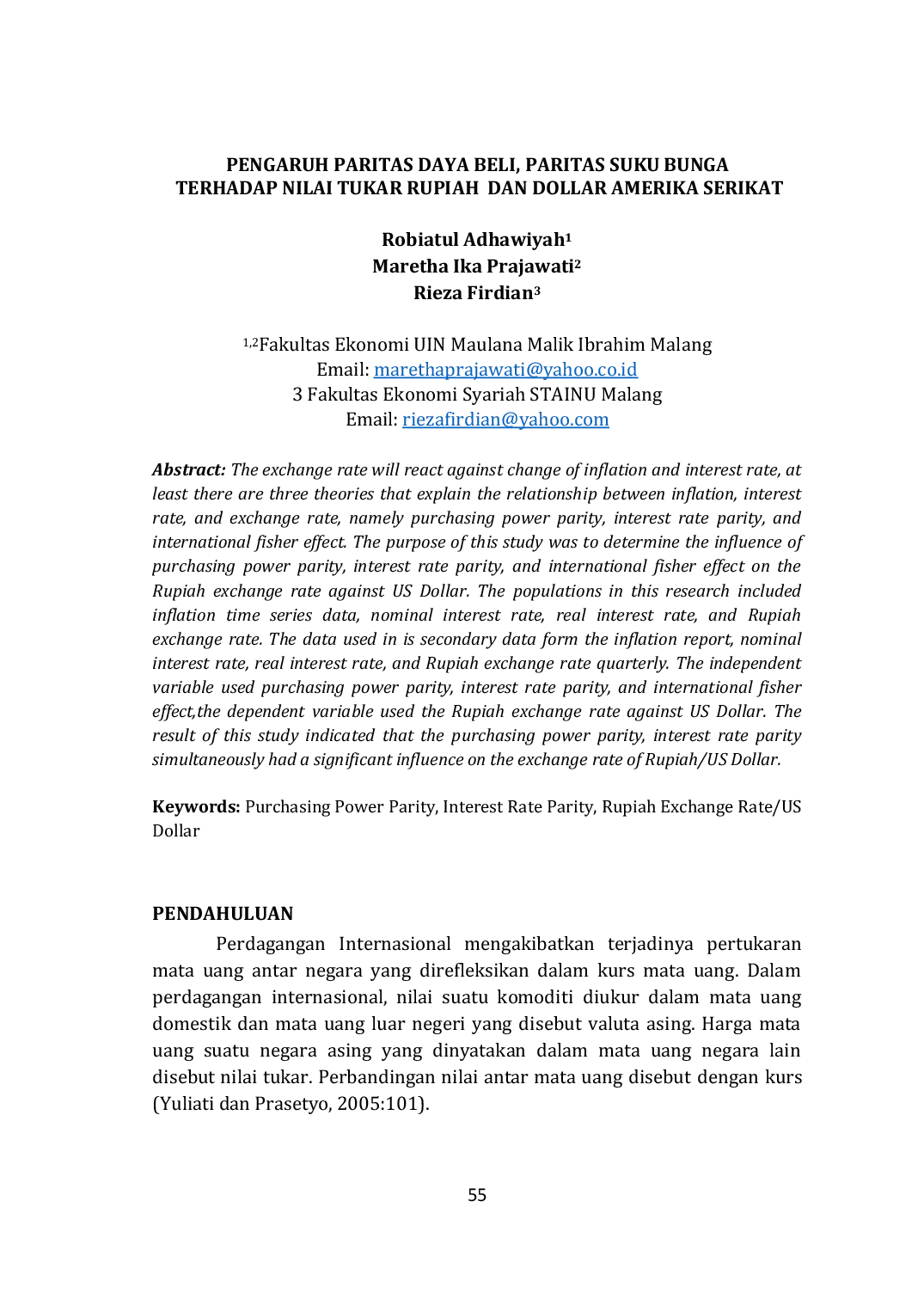 JURIS PENGARUH PARITAS DAYA BELI PARITAS SUKU BUNGA TERHADAP NILAI TUKAR RUPIAH DAN DOLLAR AMERIKA SERIKAT