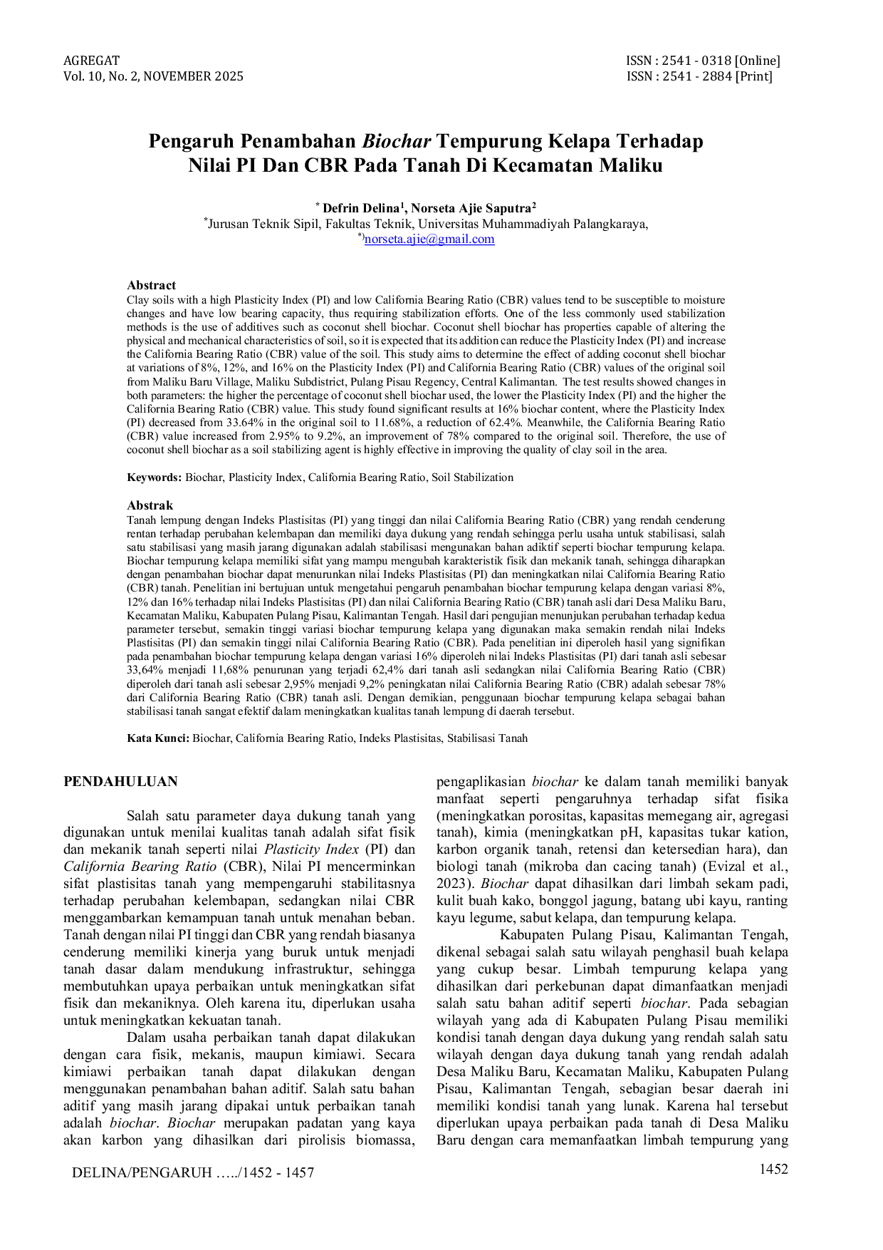 JURIS Pengaruh Penambahan Biochar Tempurung Kelapa Terhadap Nilai PI Dan CBR Pada Tanah Di Kecamatan Maliku