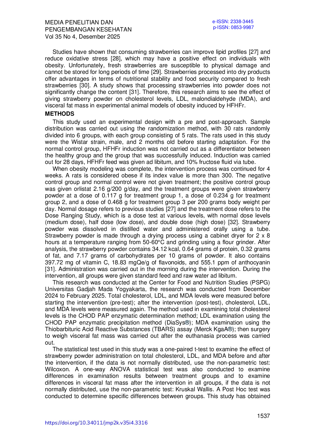 JURIS Tepung Stroberi Memperbaiki Kadar Kolesterol Total LDL MDA Dan Massa Lemak Visceral Pada Tikus Obesitas Yang Diinduksi HFHFr