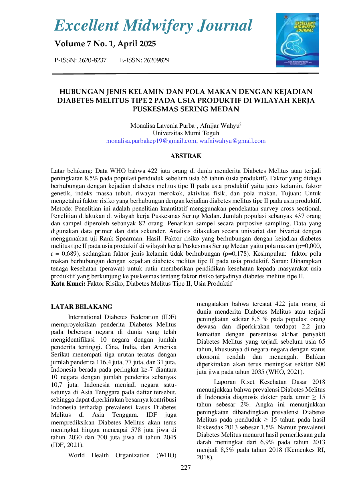 JURIS Hubungan Jenis Kelamin Dan Pola Makan Dengan Kejadian Diabetes Melitus Tipe 2 Pada Usia Produktif Di Wilayah Kerja Puskesmas Sering Medan