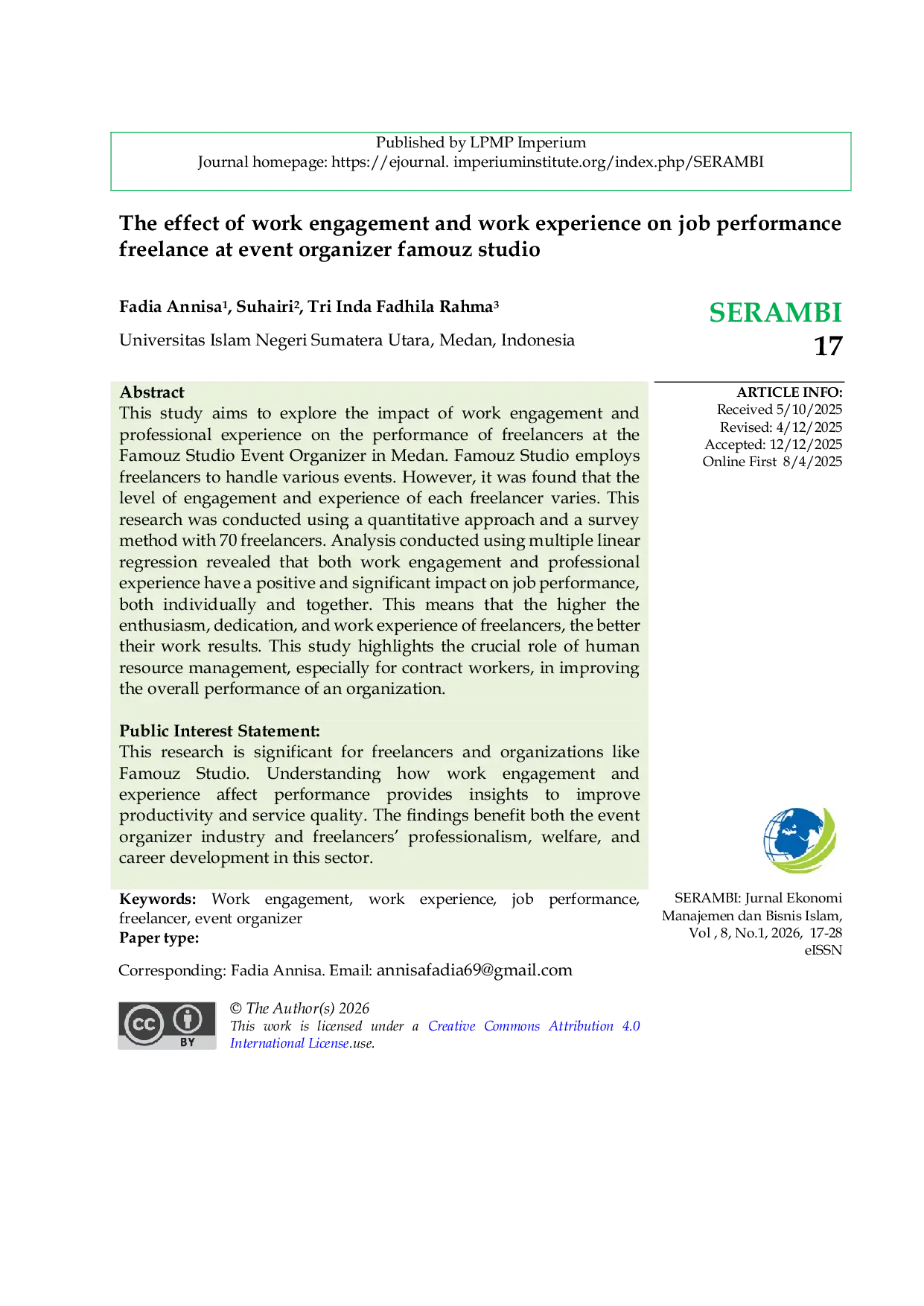 JURIS The effect of work engagement and work experience on job performance freelance at event organizer famouz studio