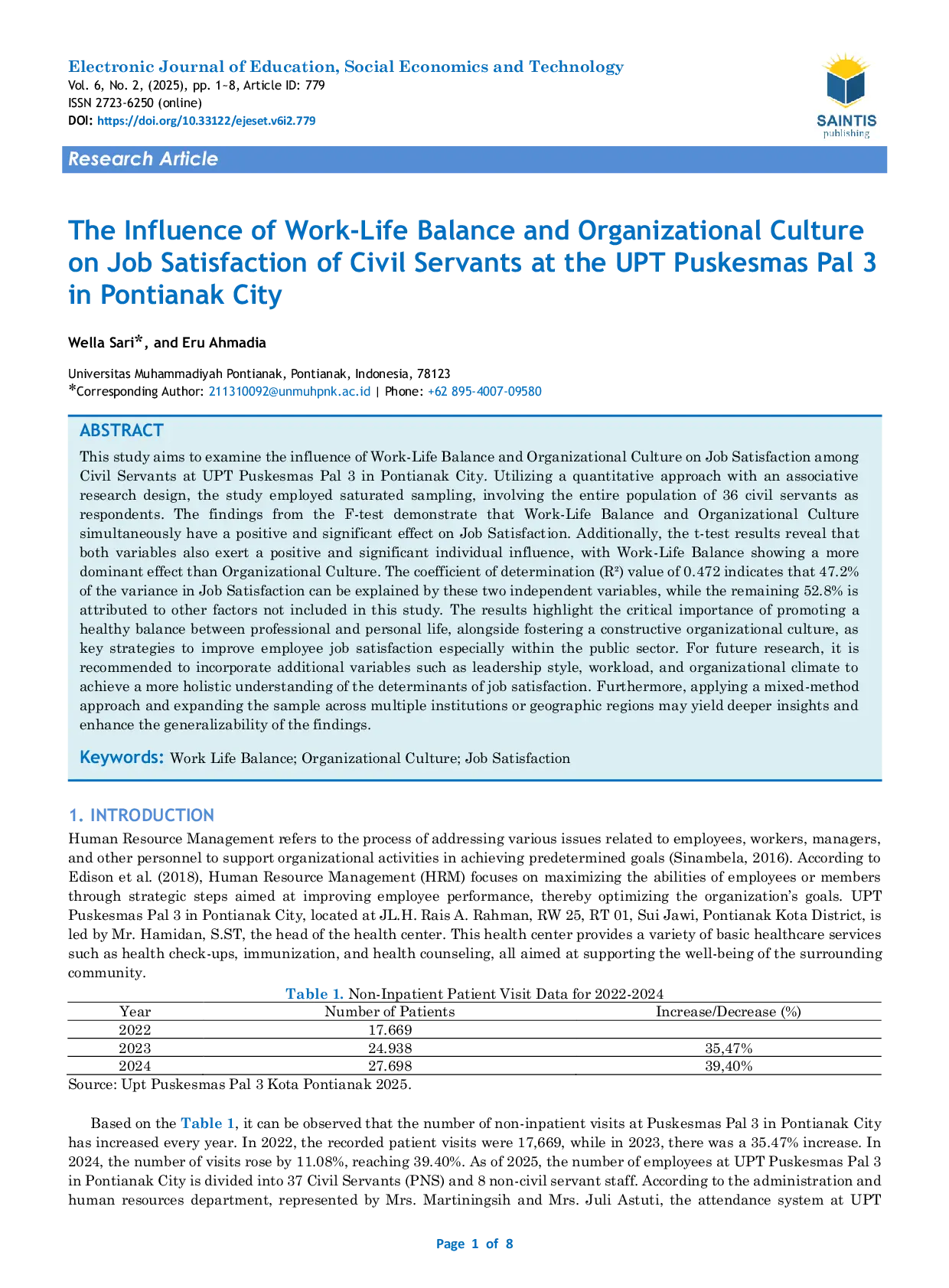 JURIS The Influence of Work Life Balance and Organizational Culture on Job Satisfaction of Civil Servants at the UPT Puskesmas Pal 3 in Pontianak City