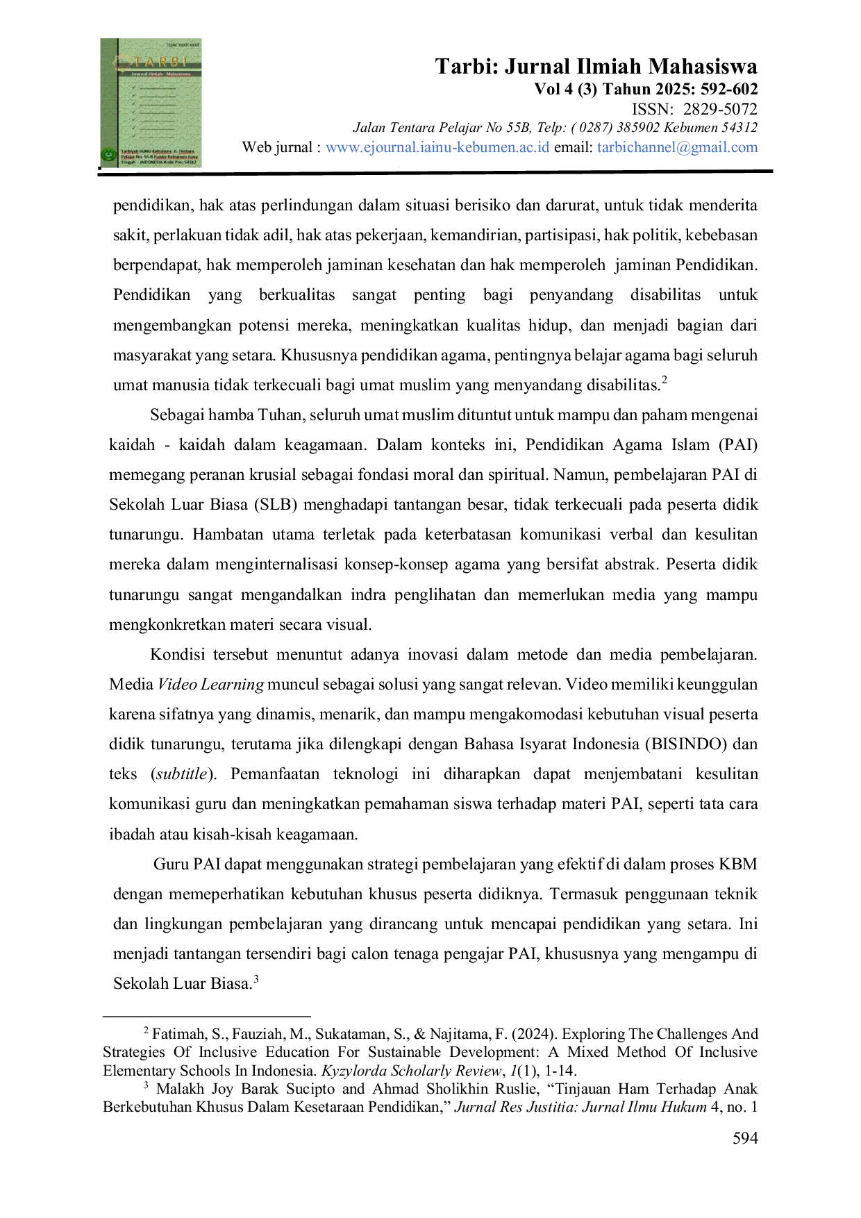 JURIS Penerapan Pembelajaran PAI Berbasis Video Learning Bagi Peserta Didik Disabilitas Tunarungu Di SMPLB Negeri Tamanwinangun