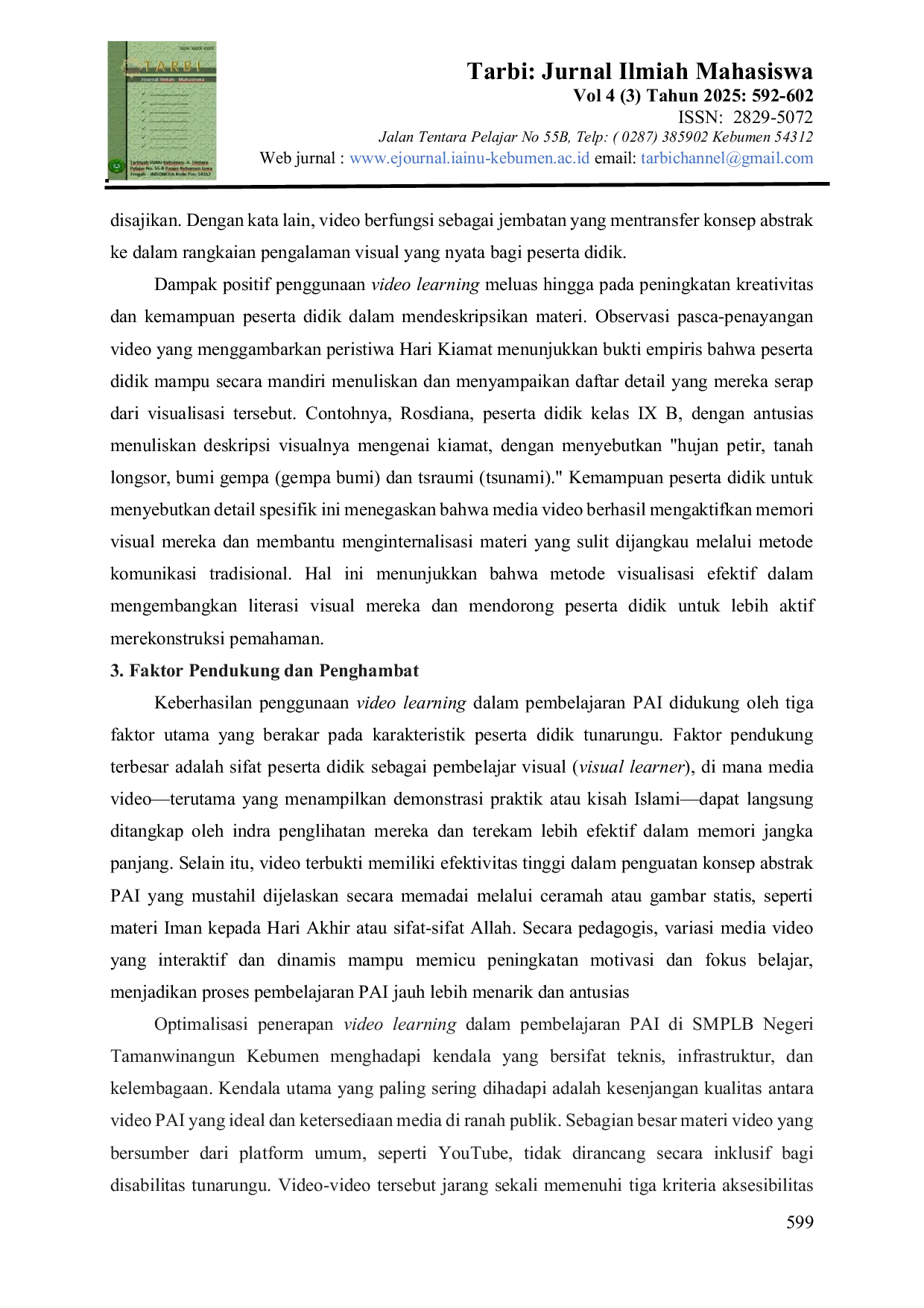 JURIS Penerapan Pembelajaran PAI Berbasis Video Learning Bagi Peserta Didik Disabilitas Tunarungu Di SMPLB Negeri Tamanwinangun