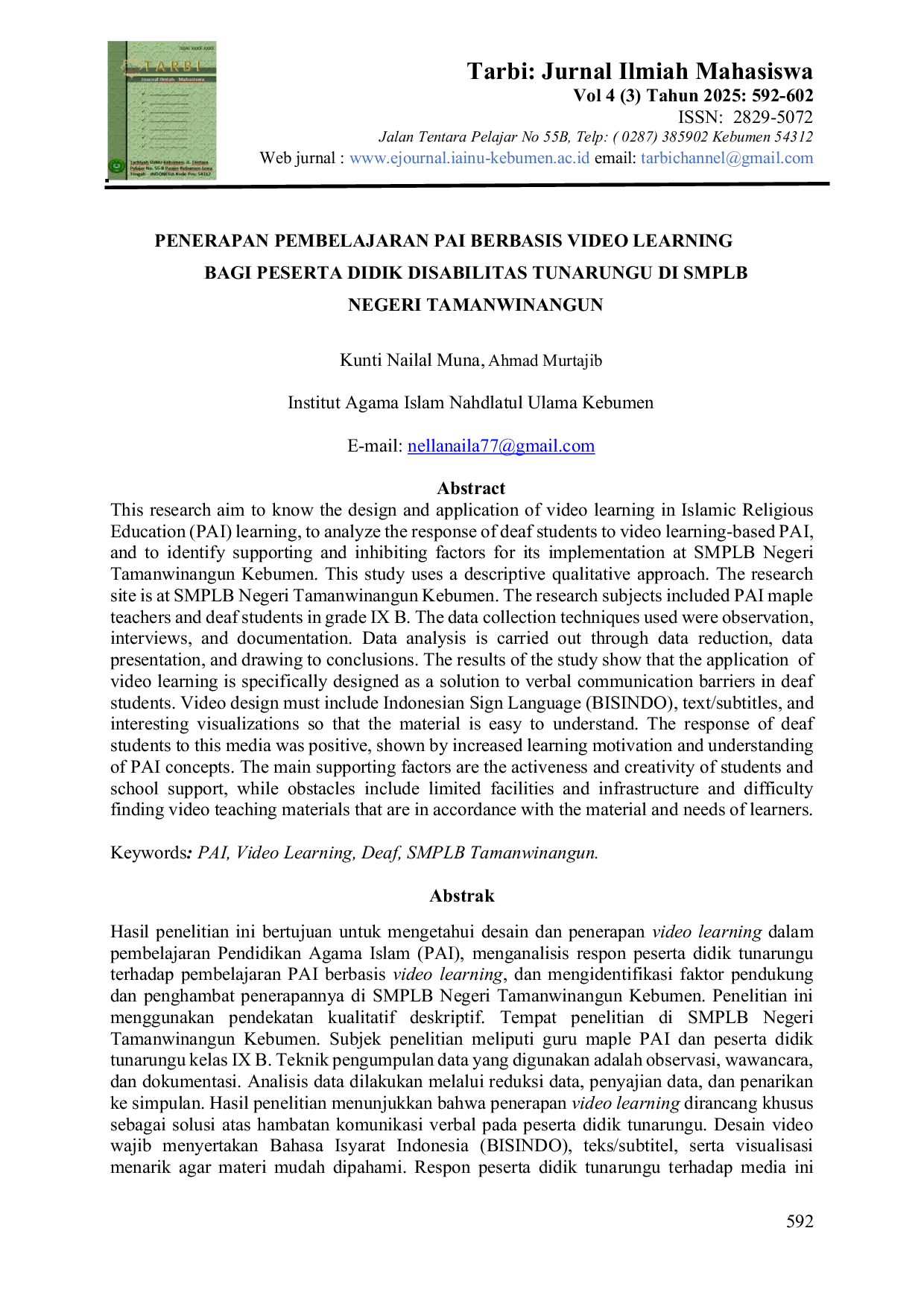 JURIS Penerapan Pembelajaran PAI Berbasis Video Learning Bagi Peserta Didik Disabilitas Tunarungu Di SMPLB Negeri Tamanwinangun