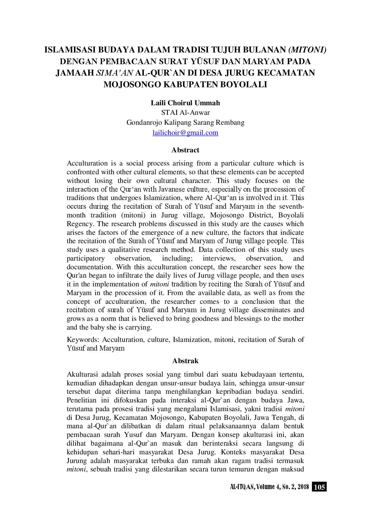 juris Islamisasi Budaya Dalam Tradisi Tujuh Bulanan Mitoni Dengan Pembacaan Surat Yusuf Dan Maryam Pada Jamaah Sima an AlAcQur an Di Desa Jurug Kecamatan Mojosongo Kabupaten Boyolali