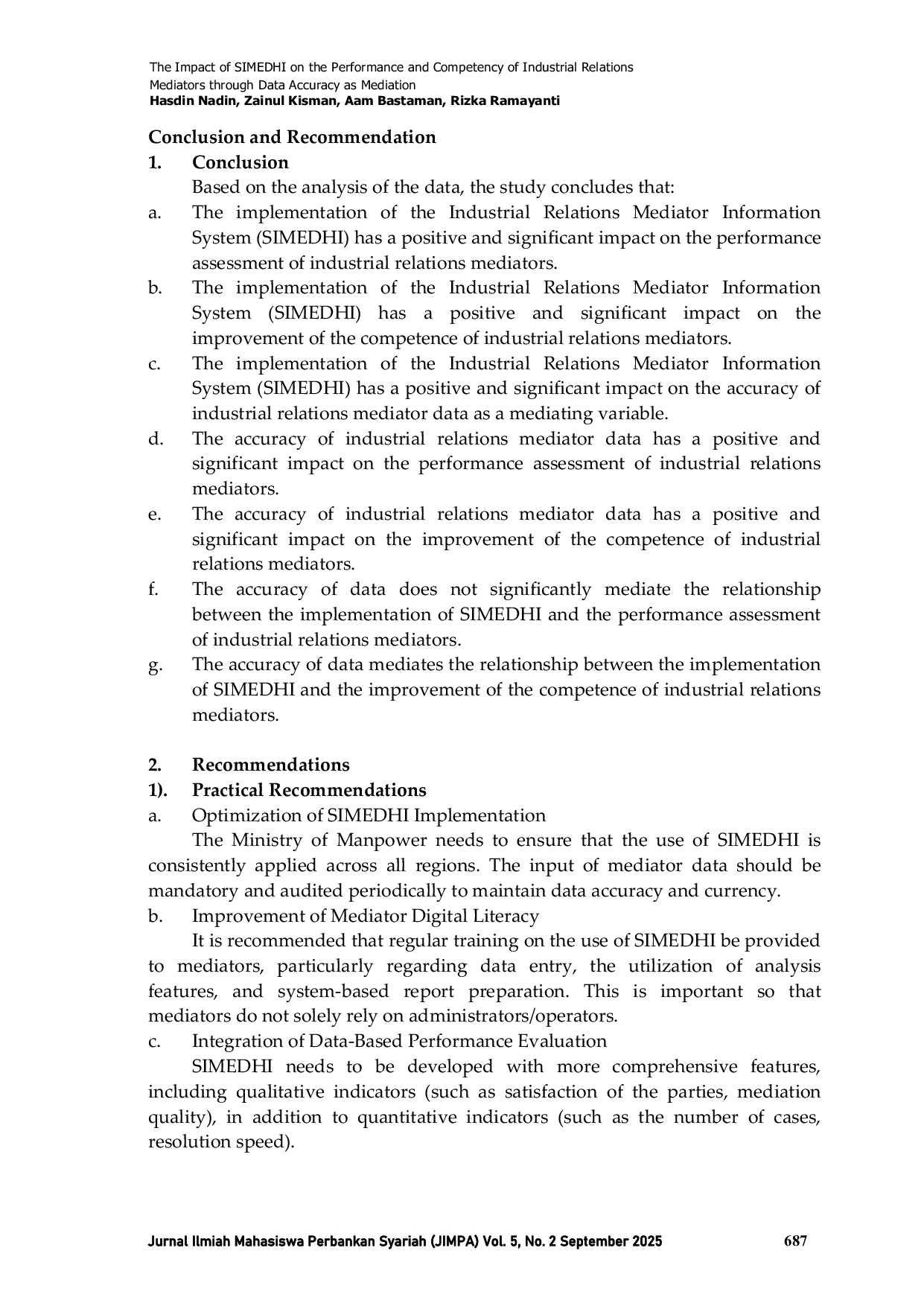JURIS The Impact of SIMEDHI on the Performance and Competency of Industrial Relations Mediators through Data Accuracy as Mediation