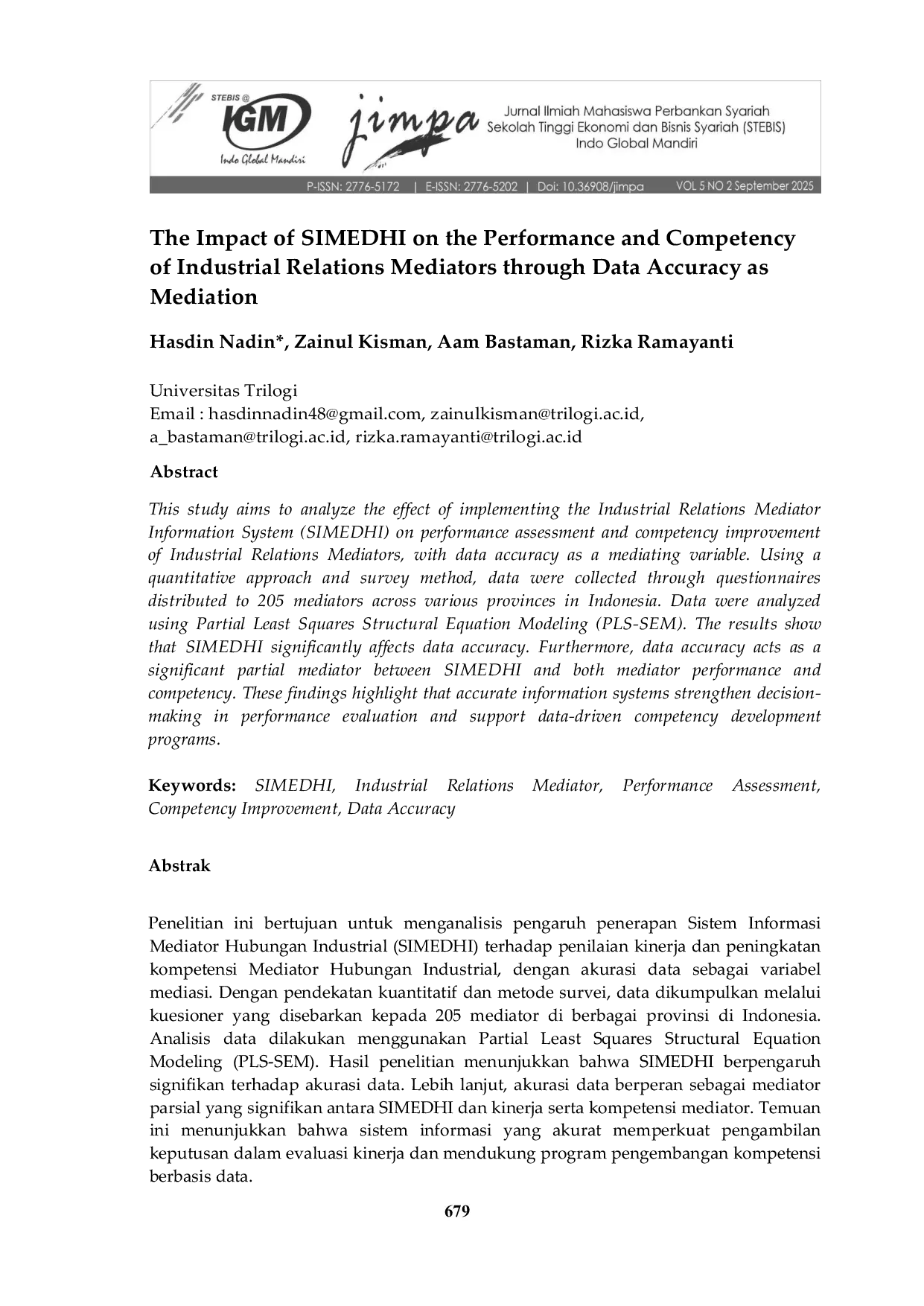 JURIS The Impact of SIMEDHI on the Performance and Competency of Industrial Relations Mediators through Data Accuracy as Mediation