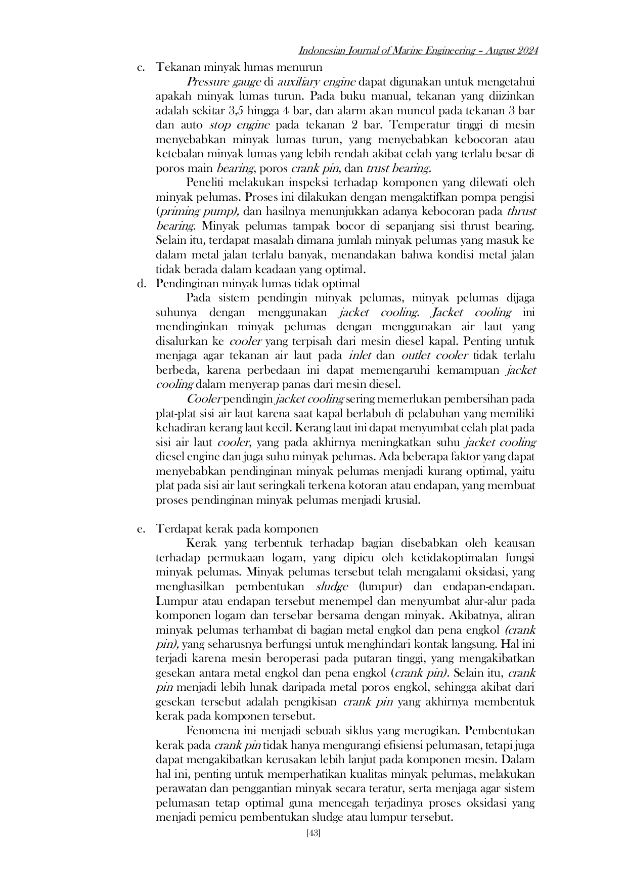 JURIS Kerusakan Metal Jalan Pada Auxiliary Engine di MT Salmon Mustafa