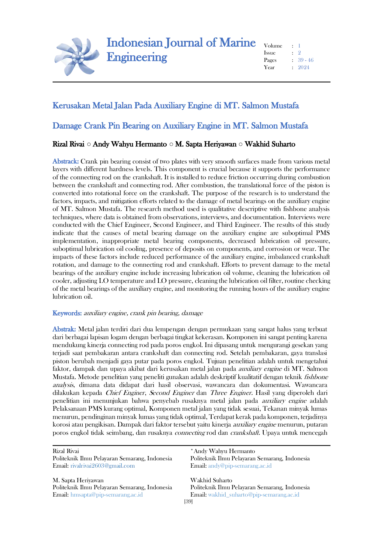 JURIS Kerusakan Metal Jalan Pada Auxiliary Engine di MT Salmon Mustafa