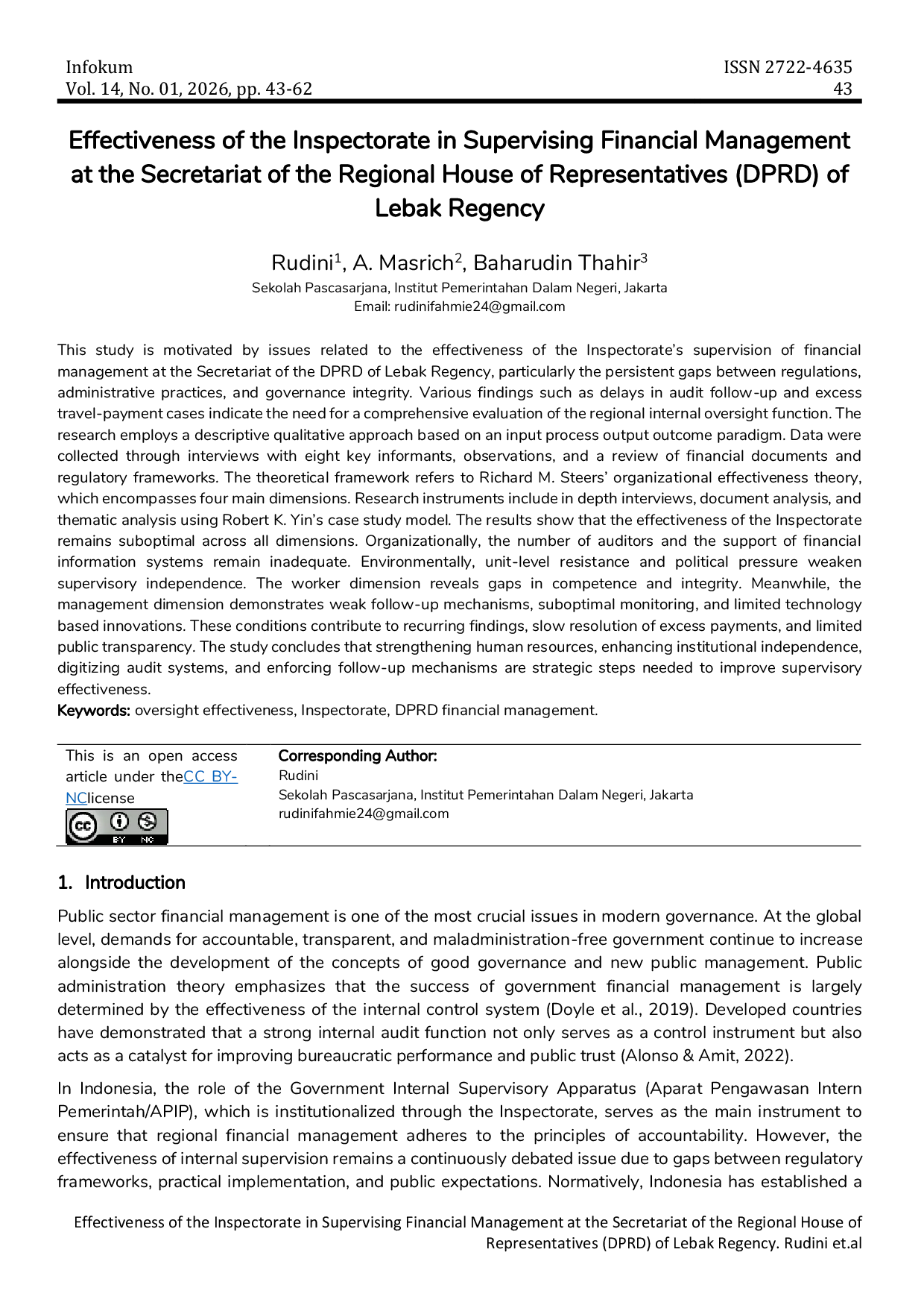 JURIS Effectiveness of the Inspectorate in Supervising Financial Management at the Secretariat of the Regional House of Representatives DPRD of Lebak Regency