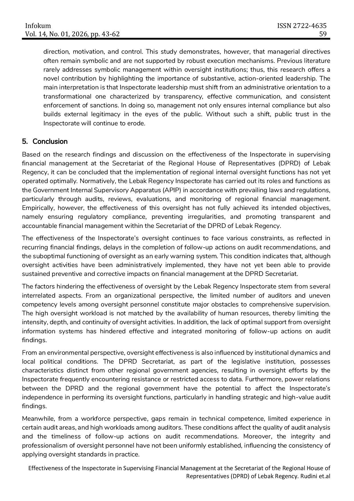 JURIS Effectiveness of the Inspectorate in Supervising Financial Management at the Secretariat of the Regional House of Representatives DPRD of Lebak Regency