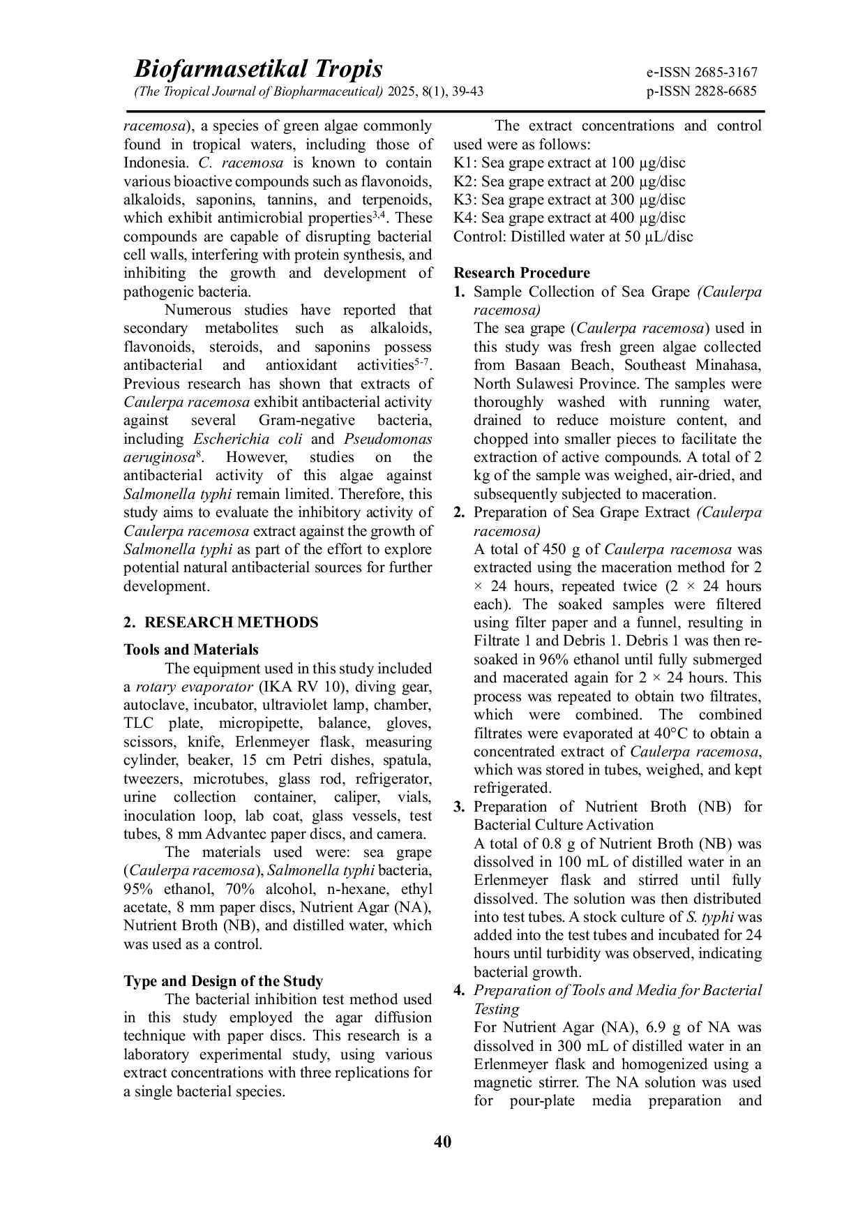 JURIS Inhibitory Activity Test of Sea Grape Caulerpa racemosa Against Salmonella typhi Bacteria