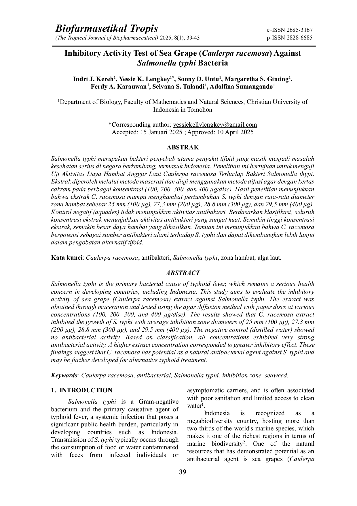 JURIS Inhibitory Activity Test of Sea Grape Caulerpa racemosa Against Salmonella typhi Bacteria